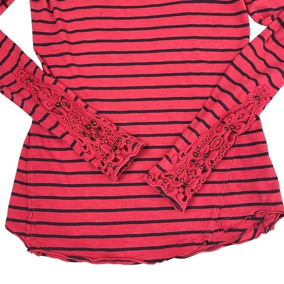 Free People Hard Candy Striped Henley Red Crochet Cuffs - Picture 7 of 14